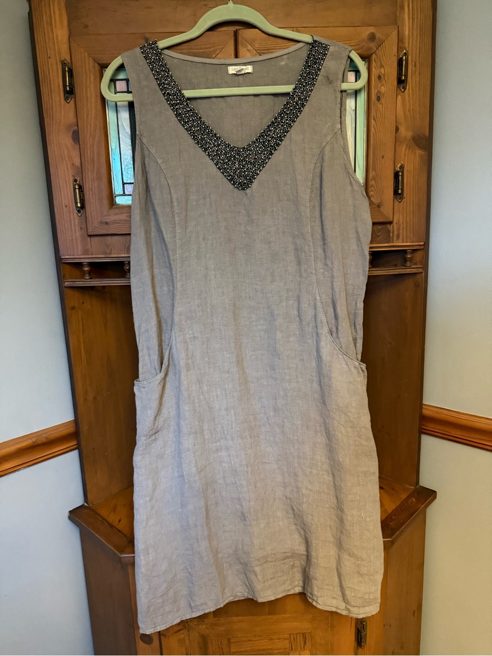 Lina Tomei 100% linen heavily beaded V-neckline Lagen look dress L